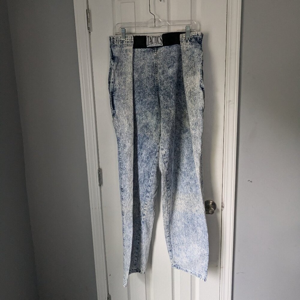 Vintage 80's Acid Wash Jeans w hoop and loop closure, Tactics Sport, Size L